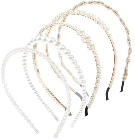 MAXQUU 5 Stück Perlen-Stirnbänder, einfaches Hochzeits-Haarschmuck-Set, elegante Retro-Kopfbedeckung, Allgleiches Damen-Stirnband, Styling-Zubehör, geeignet für Partys und den Alltag