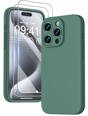 GOODVISH 3 in 1 Silicone Cover per iPhone 15 Pro 6.1 (2023), Custodia con 2 Pellicola Protettiva, Case per Cellulare Ultra Sottile Antiurto Resistente [Protezione Fotocamera], Verde Pino