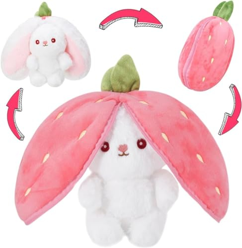 Darryy Lapin Peluche Fraise 30cm à Cache-Cache, Jouet Muppet, Pâques, Enveloppé dans des Fraises, Cadeaux pour Filles et Garçons