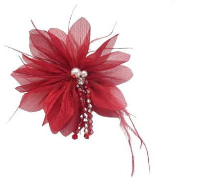 lordies Brosche Anstecknadel Blume Stoff Perle Straß Rot