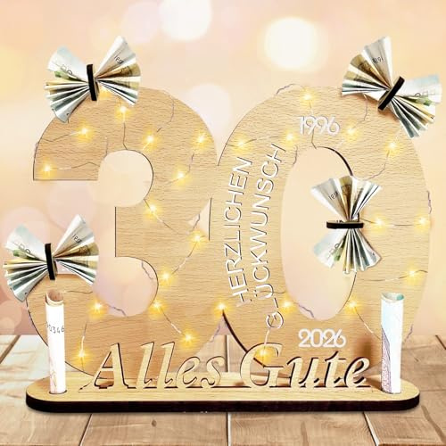 Geschenke zum 30 Geburtstag Frau Mann,Holz-Schild Gästebuch Geldgeschenke | Geldgeschenke Geburtstag 30 Alles Gute zum mit LED Lichterkette Ständer,Holz 30.Geburtstag Deko,30 Geldgeschenke zum Jubiläum