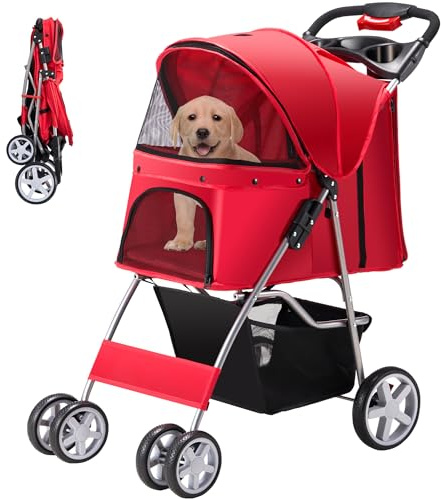 Azaeahom Pet Stroller, 4 Wheels Pet Strolling Cart for Medium/Small Dogs and Cats, Foldable Cat Jogger/Dog Stroller with Cup Holder, Storage Basket, Breathable Mesh, All-Season Pet Carrier, Red