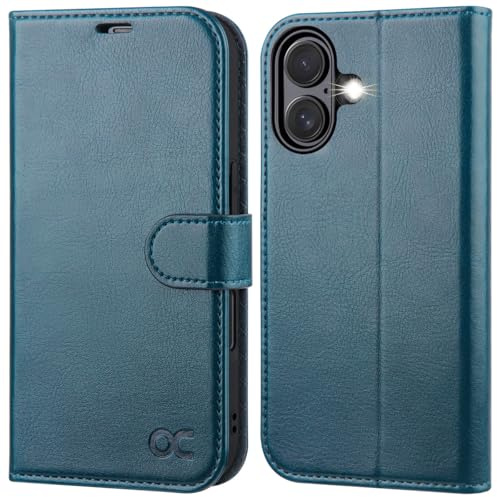 OCASE for iPhone 16 Case, PU Leather Wallet, Peacock Blue