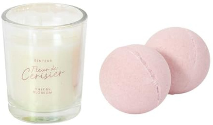COSMETIC CLUB - SC0574, Lot de 2 Coffrets Bougie et Bombes de Bain - Parfum Fleur de Cerisier - Routine Soin pour Peau Éclatante - Cadeau Détente - Pour Enfants et Adultes