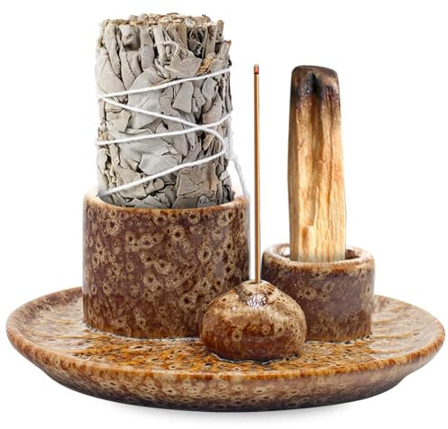4-in-1 Räucherschale, Keramik-Räucherstäbchen Halter, Räucherstäbchenhalter, Palo Santo und Salbei Räuchern Räucherstövchen, Weißer Salbei Räucherstäbchen, Räuchergefäß für Yoga, Meditation