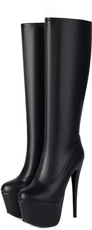 Stivali Alti Fino al Ginocchio con Punta Tonda e Plateau in Vernice da Donna, con Tacco Alto 15 cm, Stiletti, alla Moda, Autunno Inverno, Stivali a metà Polpaccio,Black 1,35 EU