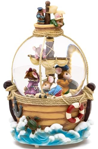 Musik-Schneekugel Mäuse auf Piratenschiff, handgefertigte Spieluhr, warmes Licht, Vintage-nautische Dekoration, für Familie, Urlaub, Weihnachten, Geburtstag, spielt von The Beautiful Sea Melody