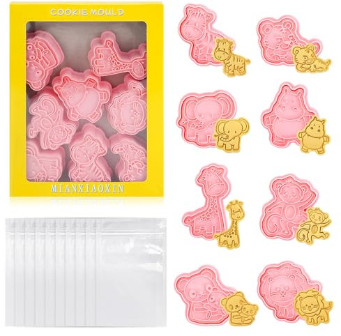 Set di 8 stampi per biscotti con animali con 10 sacchetti per biscotti, 3D con timbro, stampini per biscotti a forma di cartone animato, per bambini, fondente, biscotti, decorazioni per torte