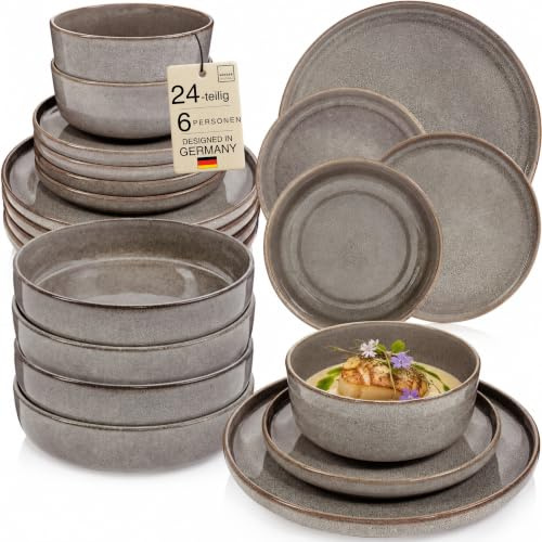 SÄNGER Kairo Graphit Geschirrset 6 Personen, 24-tlg Teller Set, Beige-Taupe | Geschirr Set aus Steingut: je 6 Speise- & Dessertteller, Müsli- & Pastaschalen – spülmaschinen-, mikrowellen- & kratzfest
