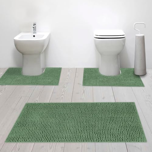 Susanna Home – Set 3 Tappeti da Bagno in Microfibra Shaggy Antiscivolo, Tappeto Rettangolare, Giro Water e Giro Bidet, Super Assorbente, Morbido e Lavabile - Disponibile in Diversi Colori (VERDE)