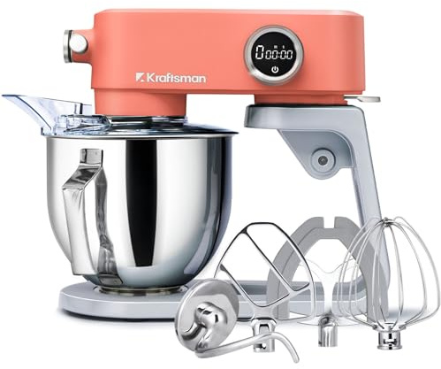 Kraftsman Full Metal Stand Mixer, 5L Food Mixer with Multi-Attachment Hub | Premium Professional Mixer with Stainless Steel Dough Hook, Whisk, Beater, Flex Edge Beater, 8 Speeds, Timer Function(Orange)