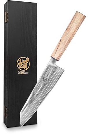 MITSUMOTO SAKARI Damasco Cuchillo Japonés, 20 cm Mano Forjado Cuchillo Cocina de Acero en Polvo, S35VN Núcleo Kiritsuke Cuchillos cocina (Natural Línea Negra de Arce Mango y Caja Regalo de Sándalo)