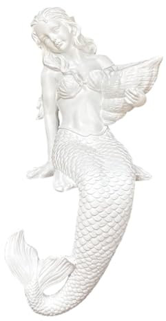 Folpus Statuetta da Giardino in Resina a Forma di Sirena, Alta 20 Pollici, per Finestra, Cortile, Scultura Rustica Multiuso a Forma di Sirena, Decorazione, Bianco