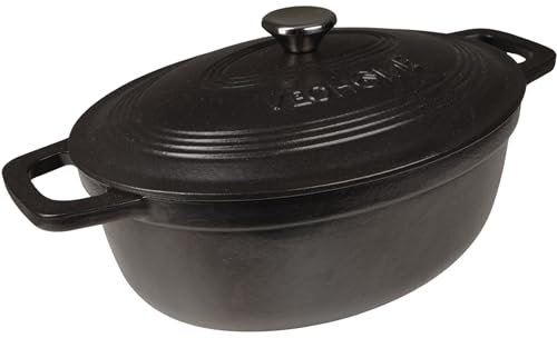 VeoHome - Casseruola in ghisa smaltata, 6L, ovale, colore: nero opaco, ultra resistente, pentola adatta per induzione/gas/forno, cottura omogenea, sapori autentici, coperchio in rilievo