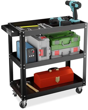 Relaxdays Carrello Portautensili Officina, Carrellino a 3 Ripiani Porta Attrezzi Lavoro, 76x78x35 cm, Max. 100 kg, Nero