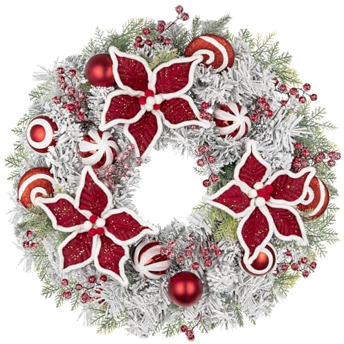 Oairse Ghirlanda natalizia da 61 cm con stella di Natale rossa, palline e ornamenti di caramelle, grande ghirlanda artificiale per porta d'ingresso con pino innevato, ghirlanda da appendere per