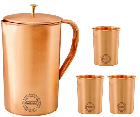 Brocca in rame con coperchio - 50,7 once - Bevi più acqua, riduci l'assunzione di zucchero e goditi i benefici per la salute - Brocca semplice fatta a mano in rame puro con 3 bicchieri