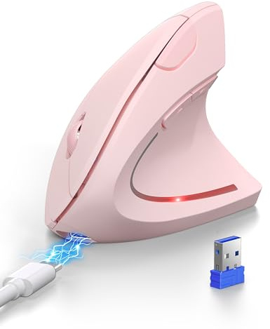 TECKNET Ergonomic Mouse, Bluetooth Rechargeable Vertical Mouse (BT5.0/3.0+USB-A), Wireless Right handed Mouse 6-Button, Optical Mouse 4800 DPI 6 Adjustable Levels,Quiet Clicks,Wide Compatibility-Pink