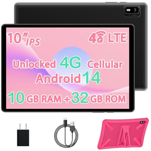 Topsand 10 Inch Tablet Android 14 Tablet with Sim Card Slot Unlocked, 10GB RAM, 32GB ROM, 1TB Expandable, 8MP Camera, 2.4G/5G WiFi, BT5.0, Cellular Tableta with GPS, Protective Case (Pink)