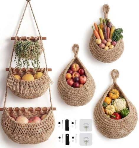 Hanging Fruit Basket Set, 4PCS Hanging Vegetable Fruit Basket for Kitchen, Teardrop Hanging Storage Basket Handwoven Wall Mounted Storage Basket for Kitchen Porch Storage Tomato Potato Onion