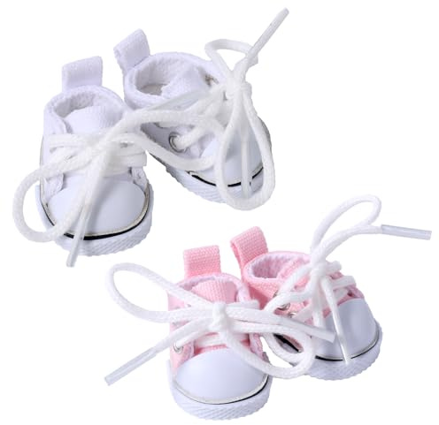 Lyreh 2 Paia Scarpe da Bambola Mini, Graziose Scarpe Ginnastica Tela con Lacci per Bambole di Peluche da 17cm/15cm Tastiera Accessori Giocattoli (Rosa, Bianco)