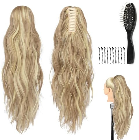 WJMY vågig ponytail förlängning (guld), lockig 60 cm fläta förlängning hårförlängning, fluffig och lätt, hårdel, syntetiskt hår, för kvinnor kvinnor, med kam och klämmor