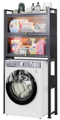Estante de 3 niveles para lavadora, estante de almacenamiento de metal independiente para cuarto de lavado y baño, versátil sobre el inodoro, color negro, ideal para maximizar el espacio