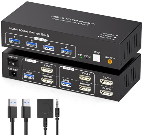 TJCXELE 4K60Hz HDMI KVM Switch 2 PC 2 Monitore USB 3.0 KVM Switch für Zwei Computer die sich Dual Monitor und 4 USB-Geräte Unterstützung Kopieren Erweitern Modus mit 12V DC Netzteil USB Kabel - Black