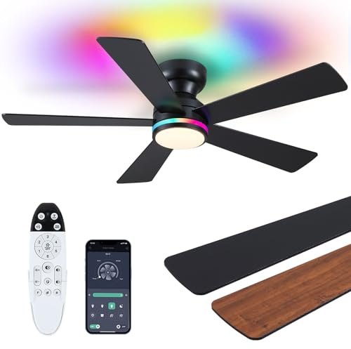 Brown RGB Ceiling Fans with Lights - 46 Flush Mount Ceiling Fan with Remote APP, RGB+3CCT Dimmable Led Light, Reversible 6 Wind Speeds&2H Timer, Low Profile Modern Fan Light Fixture for Bedroom Party