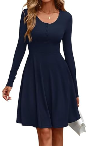 SCHOOLMOON Vestito Donna Invernale Elegante Vita Alta A-Line Corto Abito | Manica Lunga Girocollo Casual Maglia Abito Tinta Unita con Tasche