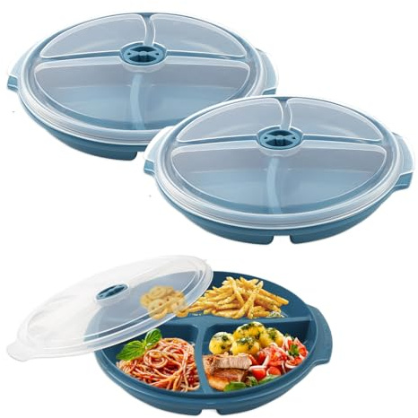Luckwaii Mikrowellengeschirr Set 3 Stück Mikrowellenteller mit Deckel, Portionen Teller mit 3 Fächern Microwave Plate with Lid and Compartments 25x23x4cm Portionsteller für Die Mikro Aufwärmen
