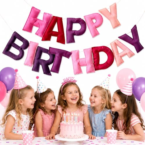 RhiVrillion Happy Birthday Banner – Wiederverwendbare Buchstaben aus Filz Personalisierte Geburtstagsdeko für Party, Partydekoration, Foto-Requisite Baby Shower & Outdoor (Rosa)
