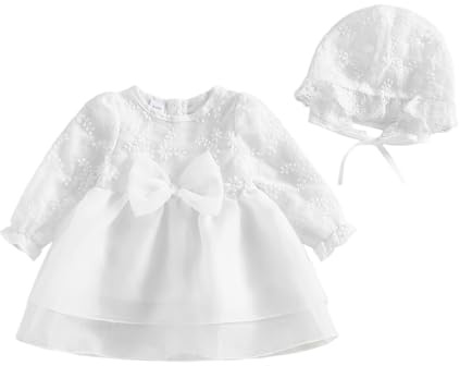 XIXIMAON Newborn Christening Dresses For Baby Girl Big Bow Decor Flower Embroidery Long Sleeve Tulle Tutu Dress Bonnet Outfit Toddler Girl Baptism Dress Wedding Clothes (White, 0-3 Months)