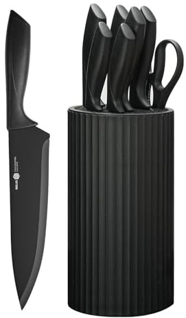NULAS Knife Set, 8-Piece Kitchen Knife Set with Universal Block - Anti-Rust Chef Knives, Ergonomic Design, Dishwasher Safe (Black)