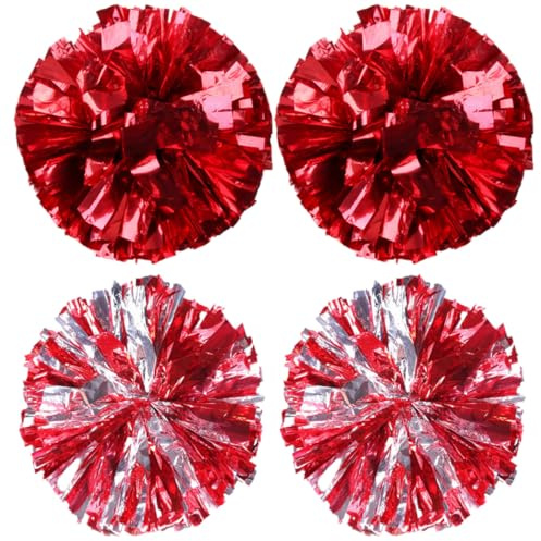 CIYODO Lot de 4 Pompons de Cheerleading en Plastique 30 Cm Rouge Vif et Argenté, Accessoires pour Pom-Pom, Fournitures D'encouragement pour Compétitions Sportives et Spectacles de Danse