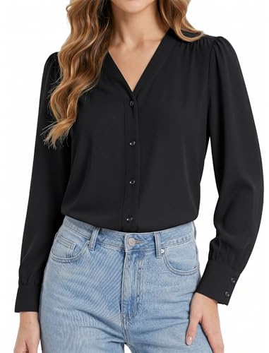 Enmain Chemise Femme Manches Longues Chic et Élégant Chemisiers et Blouses Mousseline à Col en V Haut Bureau Travail Fete avec Boutons Noir 2XL