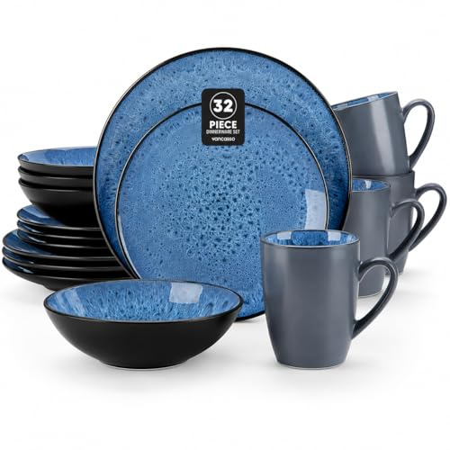 vancasso Bubble Blue 32 Piece Dinner Set for 8, Stoneware Dinnerware Set with Plates, Bowls and Mugs, Reactive Glaze Blue Kitchen Dining Set, Microwave & Dishwasher Safe