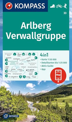 KOMPASS Wanderkarte 33 Arlberg, Verwallgruppe 1:50.000: 4in1 Wanderkarte mit Aktiv Guide und Detailkarten inklusive Karte zur offline Verwendung in der KOMPASS-App. Fahrradfahren. Skitouren.