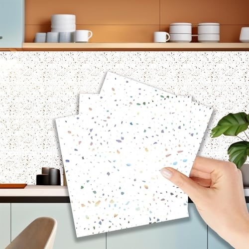 WALPLUS 15cm(6)@120pcs Terrazzo Holographic Glitter White Wall Tile Sticker Tile Paint Stick on Tiles Peel and Stick Self Adhesive Wall Tiles Stickers for Kitchen Bathroom Tile Transfer Backsplash