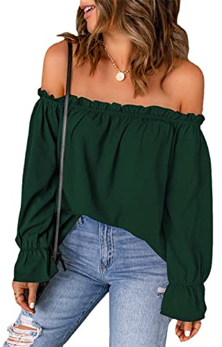 JECTZ T-shirt Tunique Décontracté Été avec Épaules Dénudées Haut à Manches Évasées Chemise en Mousseline Sexy avec Épaules Dénudées pour Femmes Haut à Épaules Découvertes pour Femmes, vert, X-Large