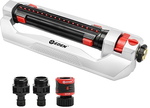 Eden 3-vägs turbo svängande sprinkler i metall för stor gård och gräsmatta med snabbkoppling startset – täcker upp till 4 000 kvm. ft. (Modell#94095)