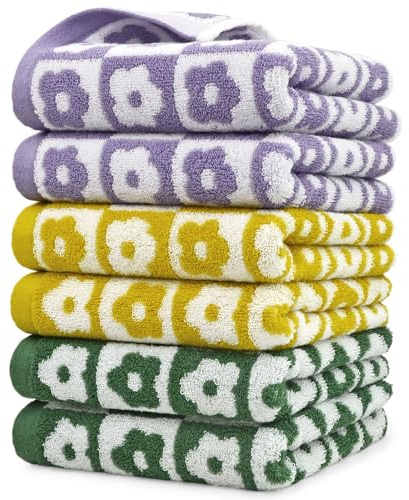 Jacquotha Cotton Hand Towels Set of 6 - Checkered Floral Hand Towel for Bathroom Guest Room Kitchen, Extra Soft Bathroom Hand Towels Checkered Towels, Lightweight Face Towels 29” x 13”, 3 Colors