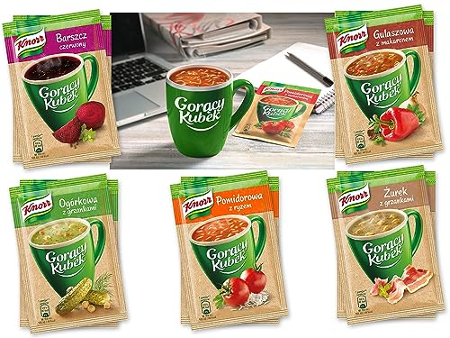 Polish Hamper Bag Cellophane Packed KNORR Gorący Kubek Hot Cup Instant Soup with noodles or croutons 5 x 15g assorted flavours tomato soup,goulash soup, forest mushroom soup,zurek,cucumber soup,