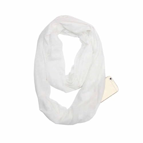 SHTGOI Écharpe infini unicolor avec poche zippée cachée Écharpe de voyage légère en coton Infinity - Écharpe en forme de cercle - Bandanas - Écharpe tubulaire douce pour femmes et filles - Blanc