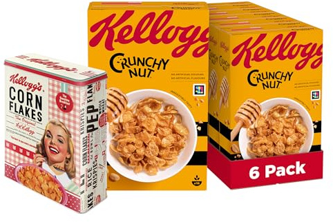 Kellogg's Crunchy Nut Cornflakes (6 x 500 g) + nostalgische Blechdose mit Deckel – knusprige Frühstückscerealien mit Erdnüssen und Honig – ohne künstliche Farb- und Aromastoffe