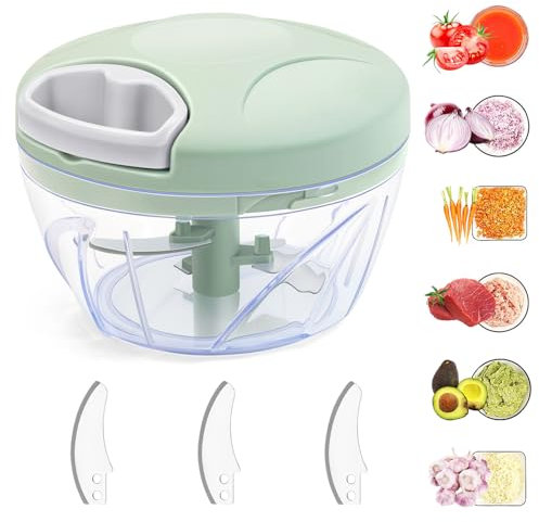 Gemüseschneider, 500 ml Zwiebelschneider Manuell, Zwiebel Zerkleinerer Manuell mit Seilzug, Multizerkleinerer mit 3 Edelstahlklingen, Gemüsezerkleinerer Küche,fur Knoblauch Zwiebeln Schneider (Grün)