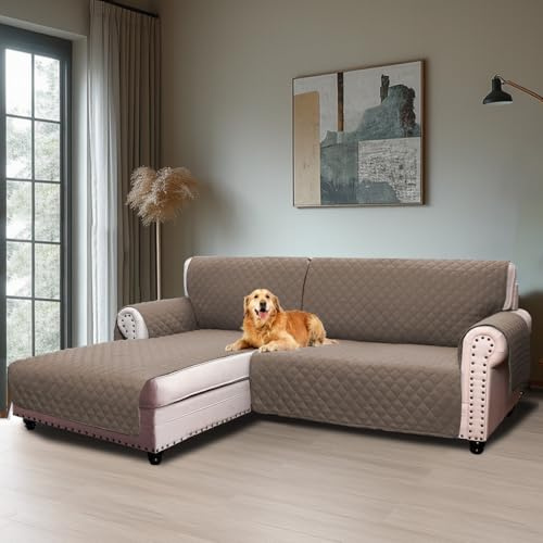 BellaHills Sofaüberzug Wasserabweisend rutschfeste Sofaüberwurf Abnehmbar mit Armlehnen Taschen und Gummiband Chaiselongue Linke (205CM) Taupe