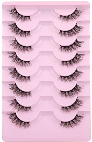 Mavphnee Natural Look Wispy D Curl False Eyelashes Cat Eye Fake Lashes Strips 7 Pairs Clear Band Fluffy False Lashes Pack