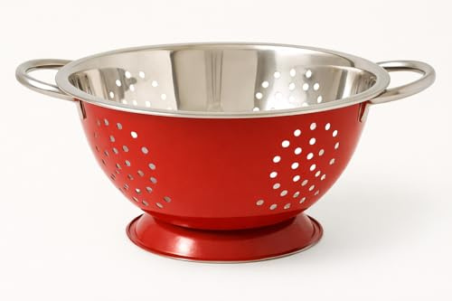 24cm Stainless Steel Colander with Handles – Deep Kitchen Strainer for Pasta, Rice, Vegetables & Fruit – Durable Large Food Drainer Bowl (Multiple Colours) (Red)