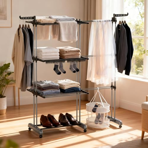 WoRaum Klappbarer Wäscheständer, 3-stufiger ausziehbarer Turm (66-130 cm), 40 kg Tragfähigkeit & platzsparendes faltbares Design für Zuhause (Grau)